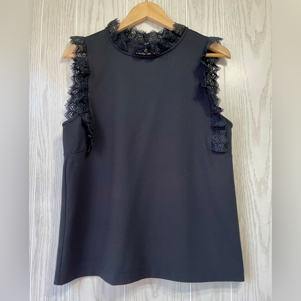 Ann Taylor Blouse Black With  Black Lace Top Size M EUC
